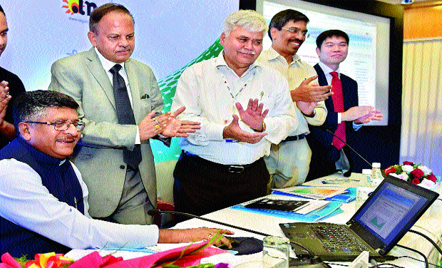 Union minister for communication & information technology and law & justice Ravi Shankar Prasad (left), at the launch of .bharat domain name in devanagari script in New Delhi on Wednesday. (Photo: PTI) Union minister for communication & information technology and law & justice Ravi Shankar Prasad (left), at the launch of .bharat domain name in devanagari script in New Delhi on Wednesday. (Photo: PTI)