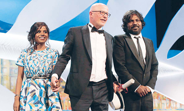 From left: Kalieswari Srinivasan, Jacques Audiard and Antonythasan Jesuthasan. From left: Kalieswari Srinivasan, Jacques Audiard and Antonythasan Jesuthasan.