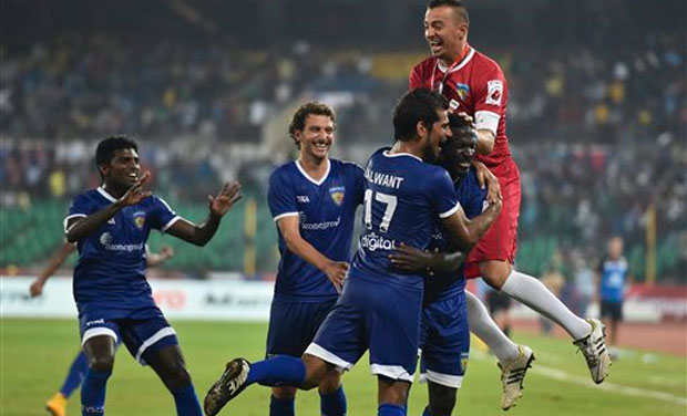 Chennaiyin FC player Bernard Mendy along with teammates celebrating after scoring a goal against Kerala Blasters FC during the Indian Super League 2014 in Chennai. Photo: PTI Chennaiyin FC player Bernard Mendy along with teammates celebrating after scoring a goal against Kerala Blasters FC during the Indian Super League 2014 in Chennai. Photo: PTI
