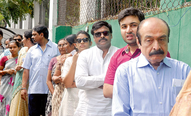 Image result for chiranjeevi nagarjuna in que in polling booth