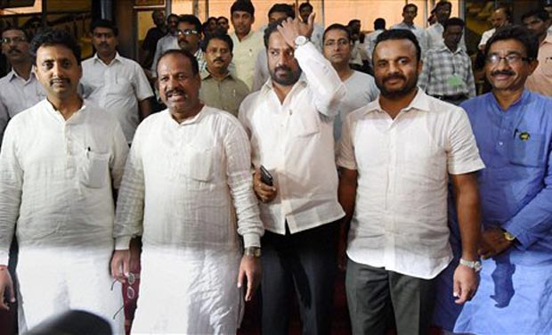 Five Congress MLAs (L-R) Rahul Bondre, Abdul Sattar, Amar Kale, Jay Kumar Gore and Virendra Jagtap who were suspended by the Speaker for 2 years for creating ruckus outside State Assembly during its special session in Mumbai on Wednesday. (Photo: Five Congress MLAs (L-R) Rahul Bondre, Abdul Sattar, Amar Kale, Jay Kumar Gore and Virendra Jagtap who were suspended by the Speaker for 2 years for creating ruckus outside State Assembly during its special session in Mumbai on Wednesday. (Photo: