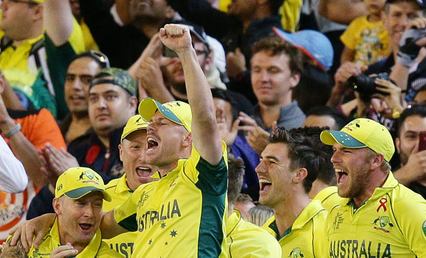 The Australian cricketers (L to R) Michael Clarke, Brad Haddin, David Warner, Pat Cummins and Aaron Finch rejoice the victory. (Photo: AP) The Australian cricketers (L to R) Michael Clarke, Brad Haddin, David Warner, Pat Cummins and Aaron Finch rejoice the victory. (Photo: AP)
