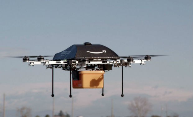 A flying 'octocopter' mini-drone that would be used to fly small packages to consumers. A flying 'octocopter' mini-drone that would be used to fly small packages to consumers.