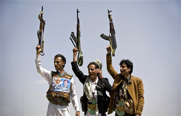 Supporters of Ahmed Ali Abdullah Saleh, the son of Yemeni former President Ali Abdullah Saleh, hold their weapons as they chant slogans during a demonstration demanding presidential elections be held and the younger Saleh run for the office, in Supporters of Ahmed Ali Abdullah Saleh, the son of Yemeni former President Ali Abdullah Saleh, hold their weapons as they chant slogans during a demonstration demanding presidential elections be held and the younger Saleh run for the office, in