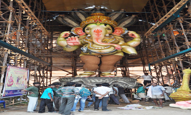 An idol of Lord Ganesh being installed in Hyderabad as Ganesh Chaturti is fast approaching. (Photo: Deccan Chronicle) An idol of Lord Ganesh being installed in Hyderabad as Ganesh Chaturti is fast approaching. (Photo: Deccan Chronicle)