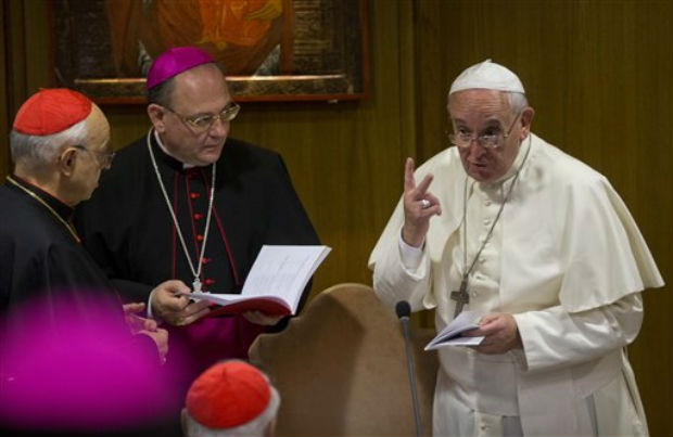Pope Francis talks to prelates as he arrives for a morning session of a two-week synod on family issues, at the Vatican, Friday, Oct. 10, 2014. (Photo: AP) Pope Francis talks to prelates as he arrives for a morning session of a two-week synod on family issues, at the Vatican, Friday, Oct. 10, 2014. (Photo: AP)