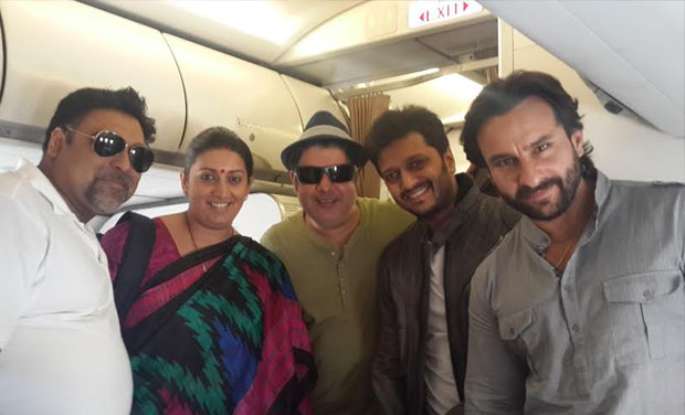 The 'Humshakals' star cast with HRD Minister Smriti Irani. The 'Humshakals' star cast with HRD Minister Smriti Irani.