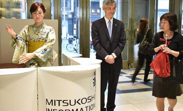 Humanoid ChihiraAico, clad in a Japanese kimono, greets a customer at an entrance of a department store in Tokyo (Photo Credit:AFP) Humanoid ChihiraAico, clad in a Japanese kimono, greets a customer at an entrance of a department store in Tokyo (Photo Credit:AFP)