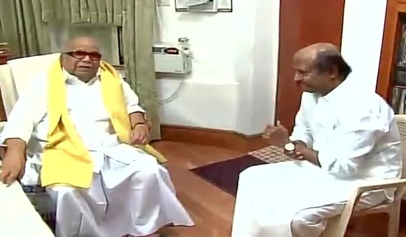 DMK chief Karunanidhi and superstar Rajinikanth. Photo: Twitter DMK chief Karunanidhi and superstar Rajinikanth. Photo: Twitter