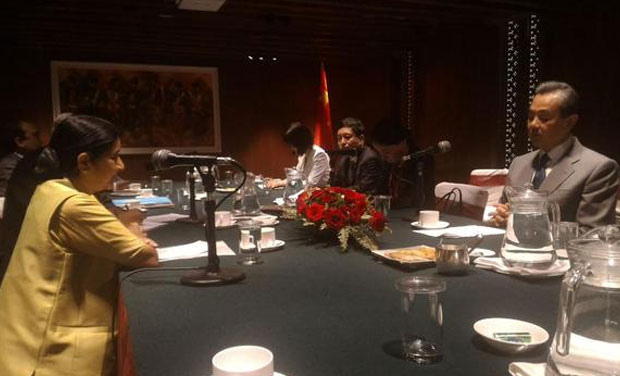 External Affairs Minister Sushma Swaraj meeting Chinese FM Wang Yi in Kathmandu. (Photo: MEA Twitter)
External Affairs Minister Sushma Swaraj meeting Chinese FM Wang Yi in Kathmandu. (Photo: MEA Twitter) 