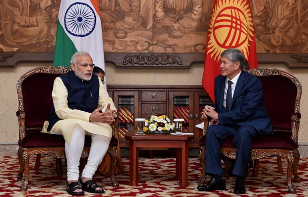 Prime Minister Narendra Modi with President of Kyrgyzstan Almazbek Atambayev during a meeting at Ala-Archa State Residence in Bishkek, Kyrgyzstan on Sunday. (Photo: AP) Prime Minister Narendra Modi with President of Kyrgyzstan Almazbek Atambayev during a meeting at Ala-Archa State Residence in Bishkek, Kyrgyzstan on Sunday. (Photo: AP)