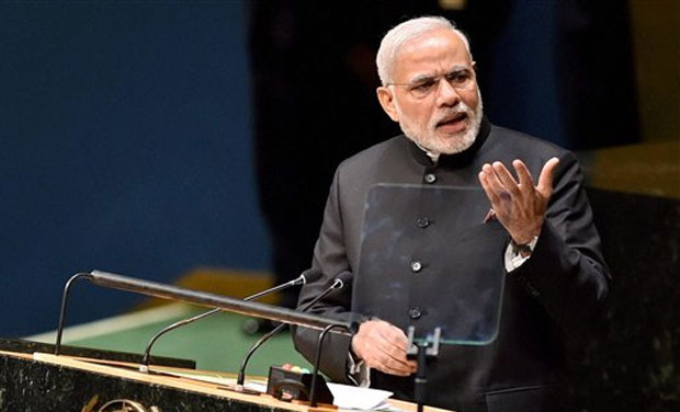 Prime Minister Narendra Modi addresses the 69th session of the United Nations General Assembly at UN headquarters in New York on Saturday. (Photo: PTI)
Prime Minister Narendra Modi addresses the 69th session of the United Nations General Assembly at UN headquarters in New York on Saturday. (Photo: PTI)
