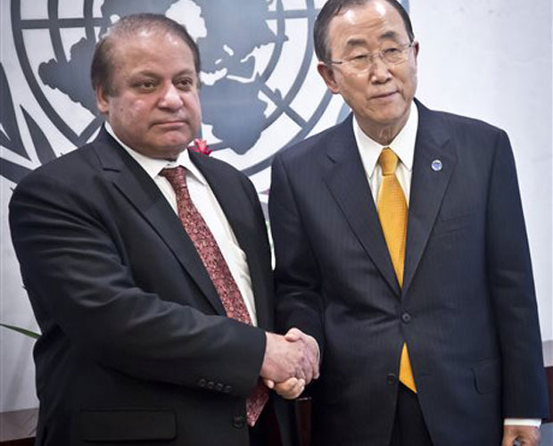 United Nations Secretary General Ban Ki-moon, right, and Pakistan's Prime Minister Muhammad Nawaz Sharif pose with a handshake on Thursday, Sept. 25, 2014, as heads of states from around the world gather for the 69th session of the U.N. General United Nations Secretary General Ban Ki-moon, right, and Pakistan's Prime Minister Muhammad Nawaz Sharif pose with a handshake on Thursday, Sept. 25, 2014, as heads of states from around the world gather for the 69th session of the U.N. General