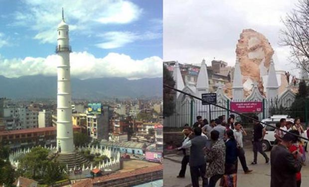 Dharahara tower in Nepal before and after the earthquake. (Photo: Twitter/Swapnil Ghangale) Dharahara tower in Nepal before and after the earthquake. (Photo: Twitter/Swapnil Ghangale)
