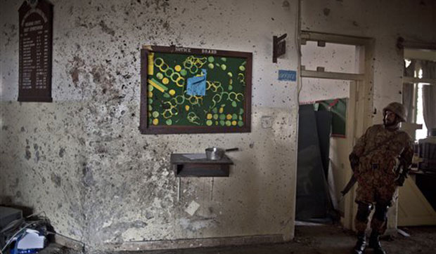 A wall riddled with bullet marks, inside the Army Public School attacked last Tuesday by Taliban gunmen, in Peshawar. (Photo: AP) A wall riddled with bullet marks, inside the Army Public School attacked last Tuesday by Taliban gunmen, in Peshawar. (Photo: AP)