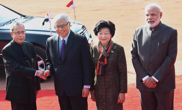 President Pranab Mukherjee and Prime Minister Narendra Modi with President of Singapore Tony Tan Keng Yam and his wife Mary Chee Bee Kiang during a ceremonial reception at Rashtrapati Bhavan in New Delhi on Monday. (Photo: PTI) President Pranab Mukherjee and Prime Minister Narendra Modi with President of Singapore Tony Tan Keng Yam and his wife Mary Chee Bee Kiang during a ceremonial reception at Rashtrapati Bhavan in New Delhi on Monday. (Photo: PTI)