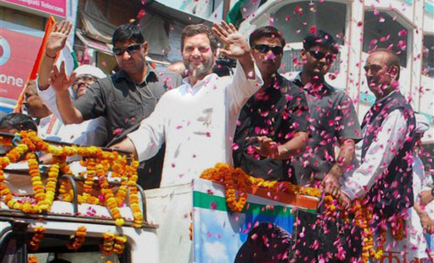 Congress vice president Rahul Gandhi waves to the crowd at a road show for party candidate Ajay Rai in Varanasi on Saturday. (Photo: AP) Congress vice president Rahul Gandhi waves to the crowd at a road show for party candidate Ajay Rai in Varanasi on Saturday. (Photo: AP)