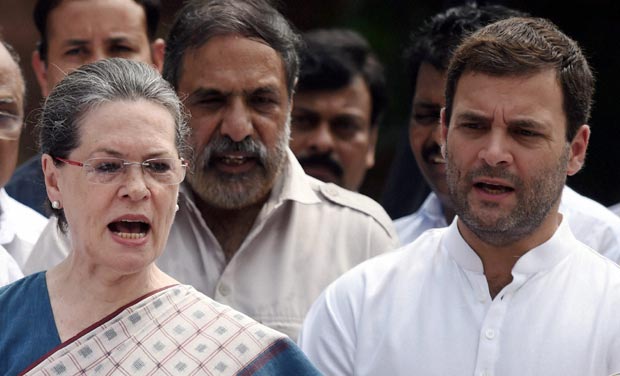 Congress President Sonia Gandhi and Vice-President Rahul Gandhi during a protest against suspension of 25 party members, at Parliament in New Delhi on Tuesday. (Photo: PTI) Congress President Sonia Gandhi and Vice-President Rahul Gandhi during a protest against suspension of 25 party members, at Parliament in New Delhi on Tuesday. (Photo: PTI)