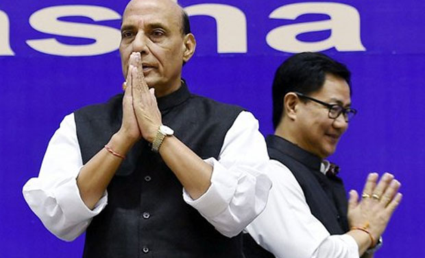 Home Minister Rajnath Singh and MoS Home Affairs Kiren Rijiju (R) arrive to attend the Rajbhasha awards 2013-14 in New Delhi on Saturday. (Photo: PTI)
Home Minister Rajnath Singh and MoS Home Affairs Kiren Rijiju (R) arrive to attend the Rajbhasha awards 2013-14 in New Delhi on Saturday. (Photo: PTI) 