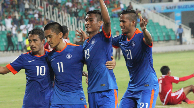 Thiruvananthapuram: India's Sunil Chhetri (11) celebrate with team mates after scoring a goal against Nepal during the SAFF Suzuki Cup 2015 match in Thiruvananthapuram on Sunday. (Photo: AP)
Thiruvananthapuram: India's Sunil Chhetri (11) celebrate with team mates after scoring a goal against Nepal during the SAFF Suzuki Cup 2015 match in Thiruvananthapuram on Sunday. (Photo: AP) 