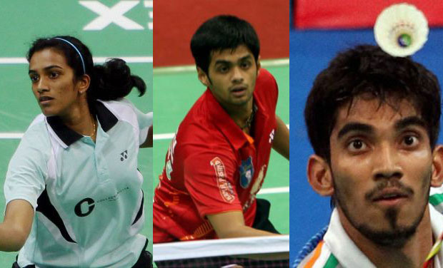 Badminton players PV Sindhu, Sai Praneeth and K Srinath. Photo: DC Badminton players PV Sindhu, Sai Praneeth and K Srinath. Photo: DC