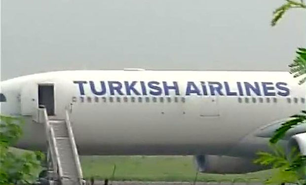Visuals of the Turkish Airlines flight which made an emergency landing at Delhi IGI Airport after a bomb threat. (Photo: ANI Twitter) Visuals of the Turkish Airlines flight which made an emergency landing at Delhi IGI Airport after a bomb threat. (Photo: ANI Twitter)
