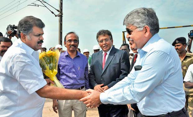 Divisional railway manager P.K. Mishra (right) greets Union minister G. K. Vasan at the commissioning of railway siding at Ennore Port on Monday. Also seen are Ennore port CMD M.A. Bhaskarachar (second from left) and Indian Maritime University VC Divisional railway manager P.K. Mishra (right) greets Union minister G. K. Vasan at the commissioning of railway siding at Ennore Port on Monday. Also seen are Ennore port CMD M.A. Bhaskarachar (second from left) and Indian Maritime University VC