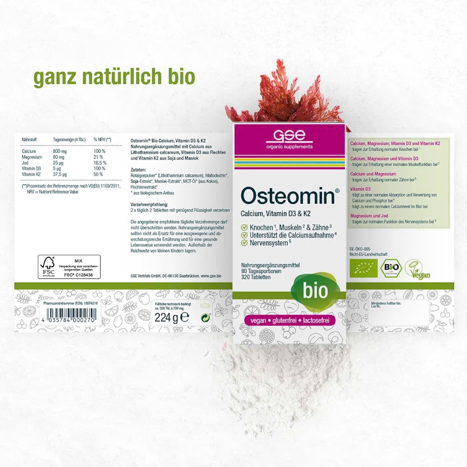 Viên uống bổ sung canxi, d3, k2, magie từ thực vật hữu cơ Osteomin GSE lọ 320v