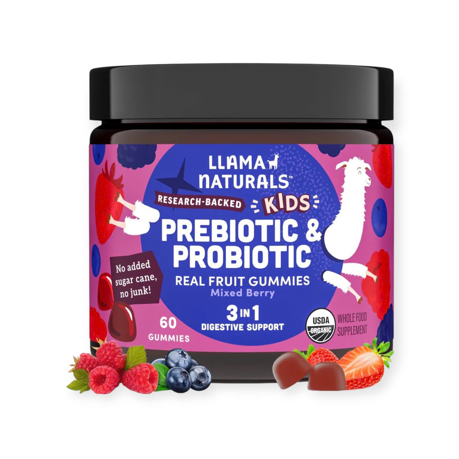 Kẹo bổ sung lợi khuẩn và chất xơ hữu cơ Llama Natural cho trẻ em Lọ 60 viên vị quả mọng - Lọ