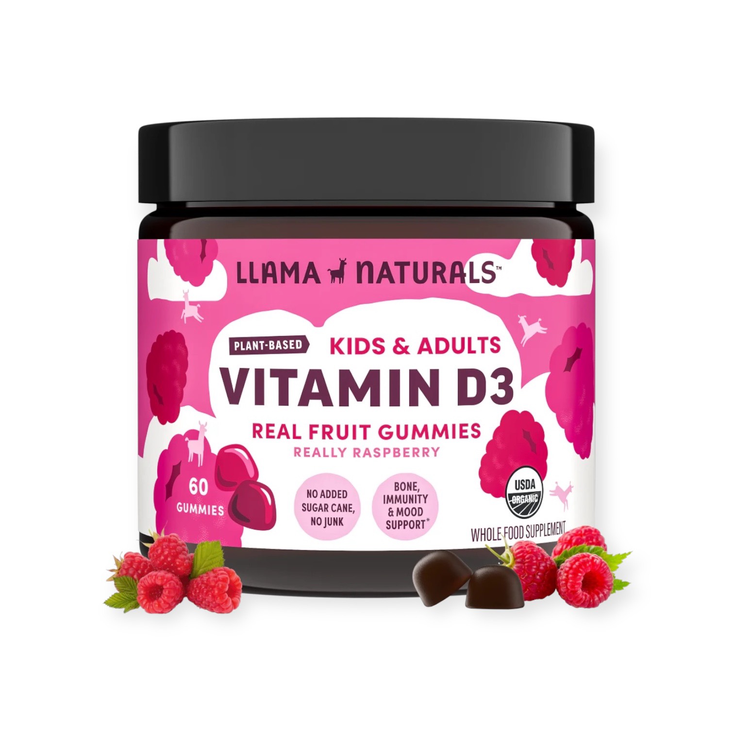 Kẹo vitamin D3 từ trái cây hữu cơ Llama Natural cho trẻ em và người lớn Vị mâm xôi Lọ 60 viên - Lọ