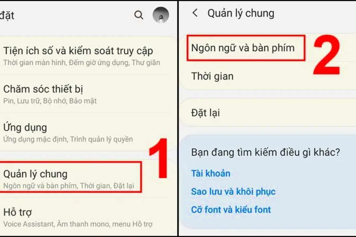 Chọn mục Quản lý chung, sau đó tiếp tục chọn Ngôn ngữ và Bàn phím