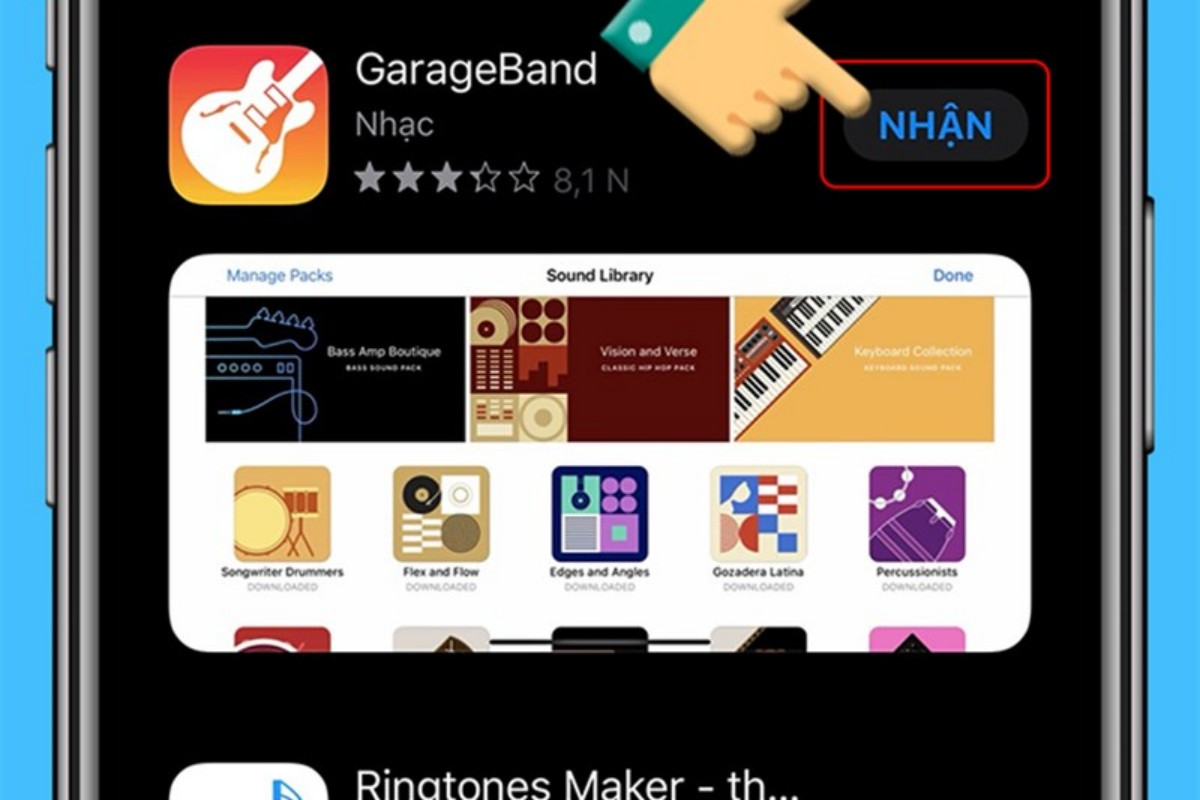 Ứng dụng GarageBand hiện ra, bạn ấn nút nhận để tải về