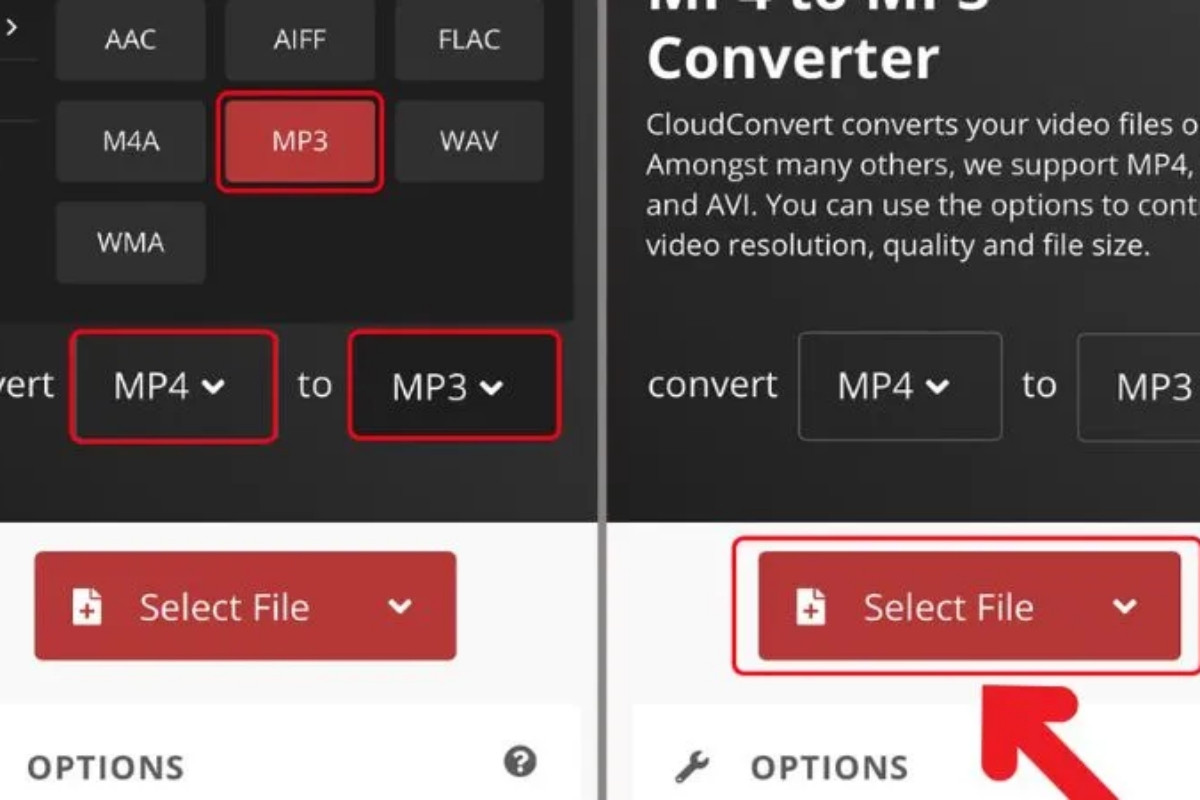 Chọn Convert MP4 to MP3 trên trang web và bấm Select File để tải video 