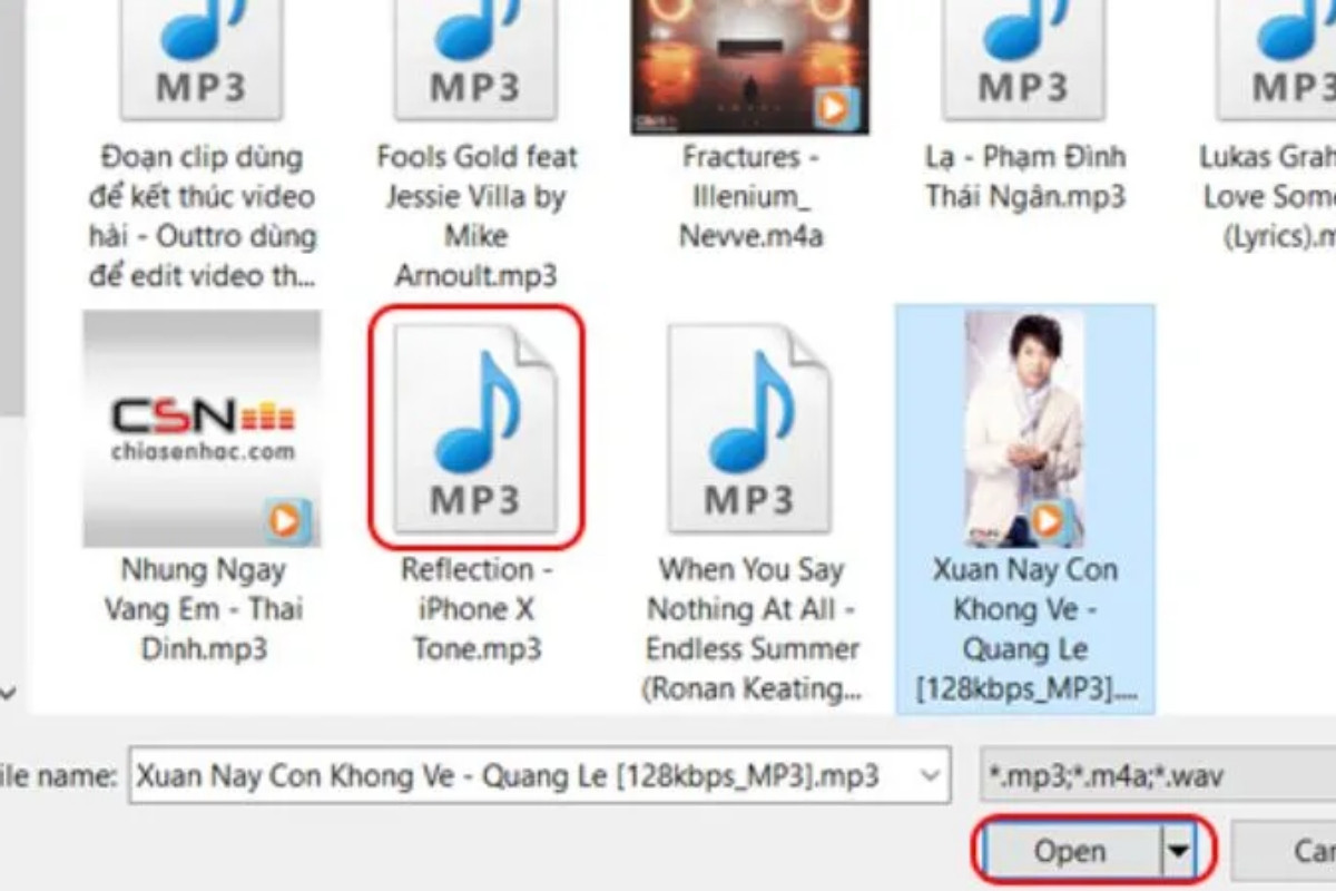 Chọn bài hát mong muốn và nhấp vào nút "Open" để tiếp tục