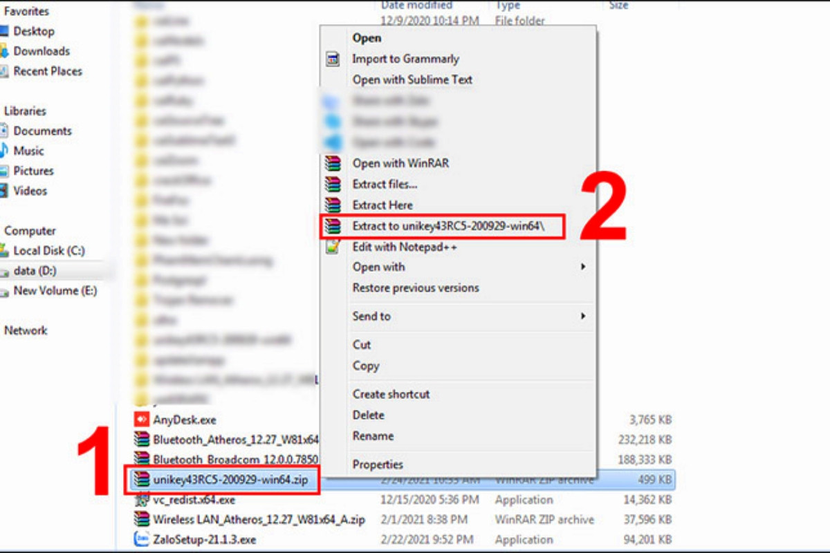 Nhấn chuột phải > Chọn Extract to unikey43RC5-200929-win64/