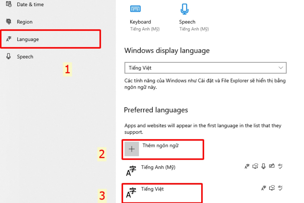Click vào mục Language và chọn Add a preferred language để thêm tiếng Việt