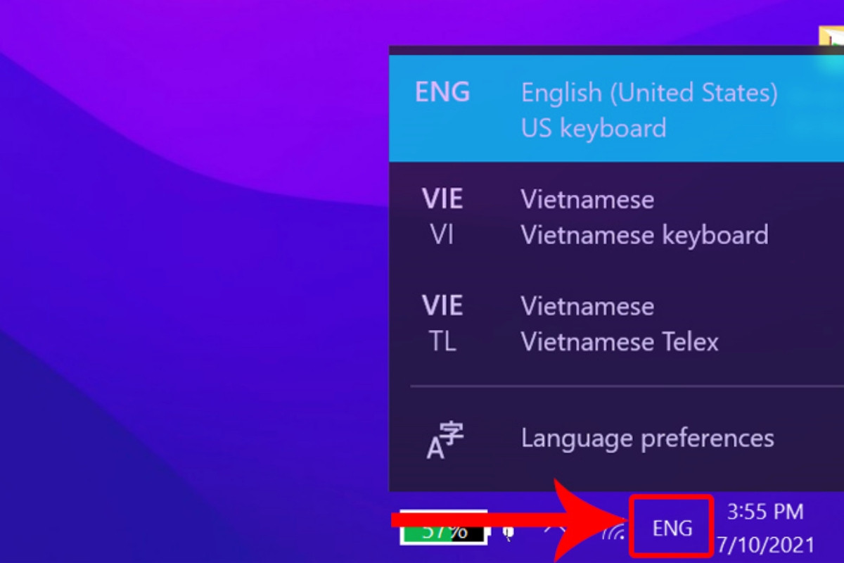 Chuột trái vào biểu tượng mã ngôn ngữ có 3 chữ cái ở dưới thanh Taskbar