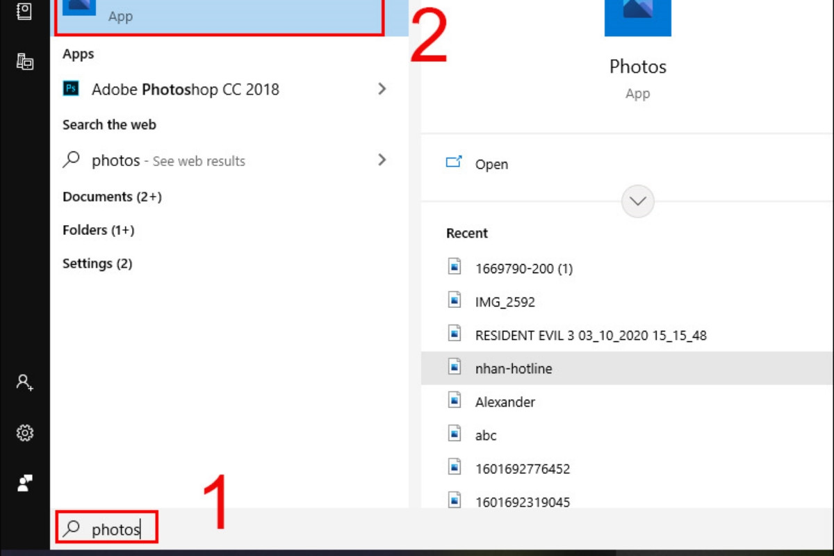 Trên máy tính, vào thanh tìm kiếm (biểu tượng kính lúp ở góc dưới bên trái màn hình) và gõ Photos