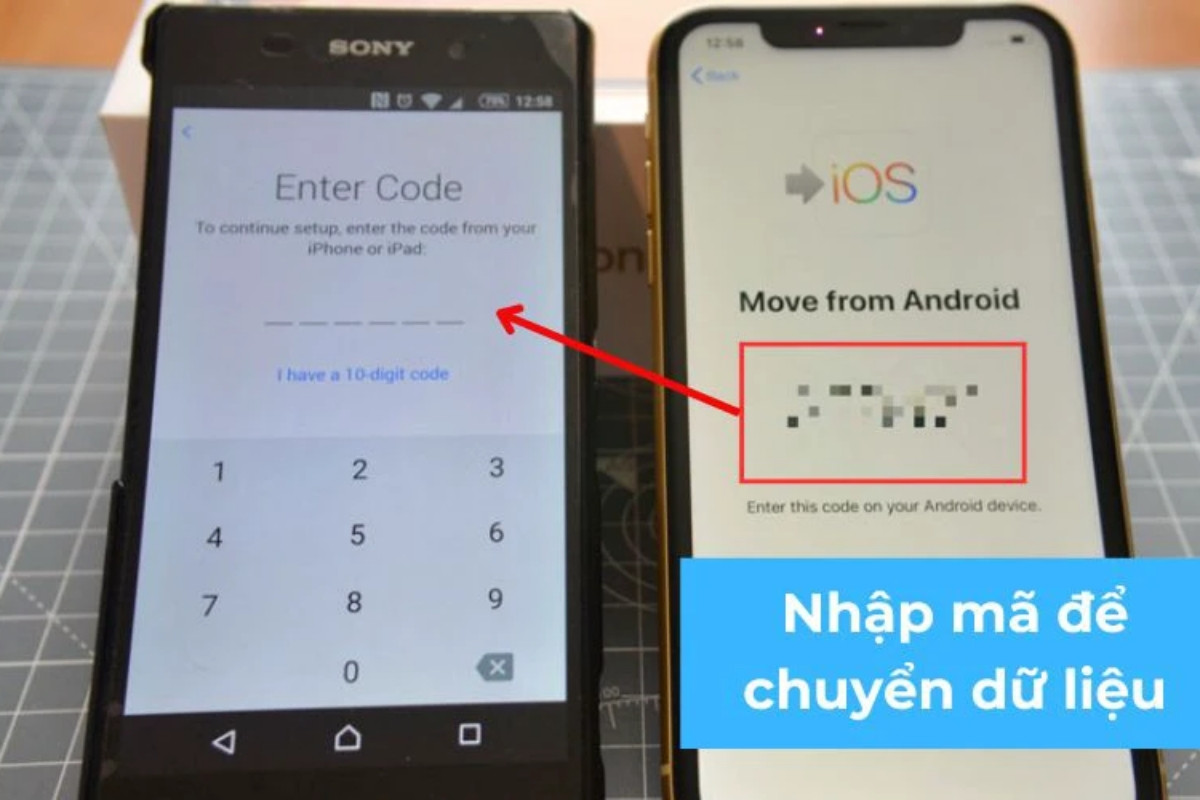 Mở Move to iOS cả hai thiết bị. Lấy mã kết nối trên iPhone nhập mã kết nối này vào điện thoại Android