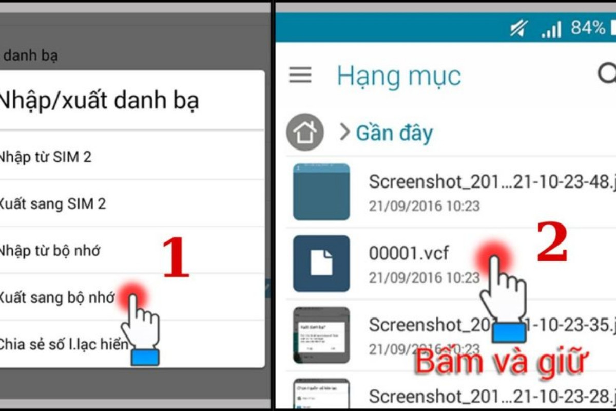 Chọn Xuất sang bộ nhớ. Bấm giữ vào file .vcf đã được xuất