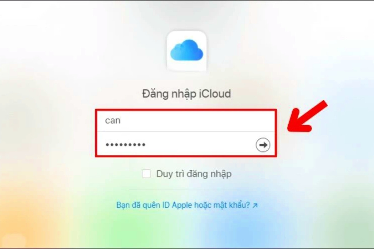 Nhập Apple ID và mật khẩu để đăng nhập vào iCloud