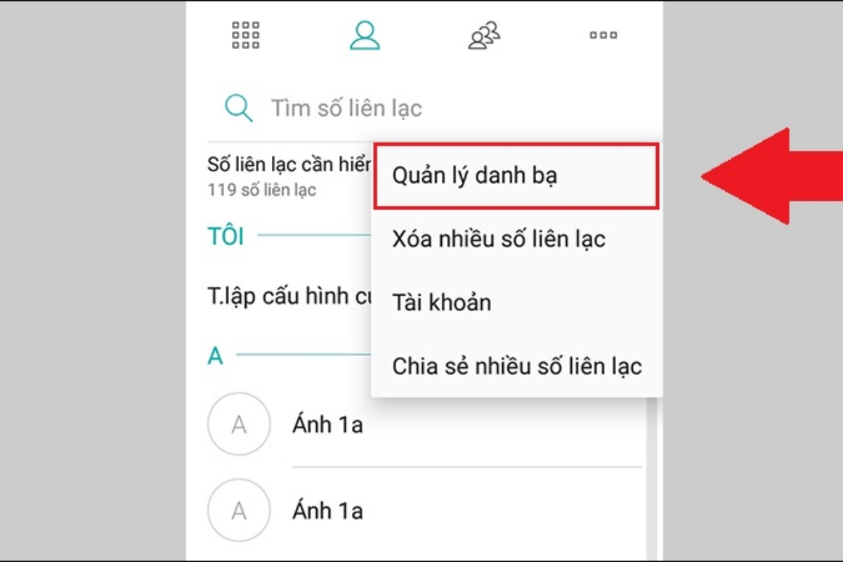 Trong menu, chọn tùy chọn Quản lý danh bạ