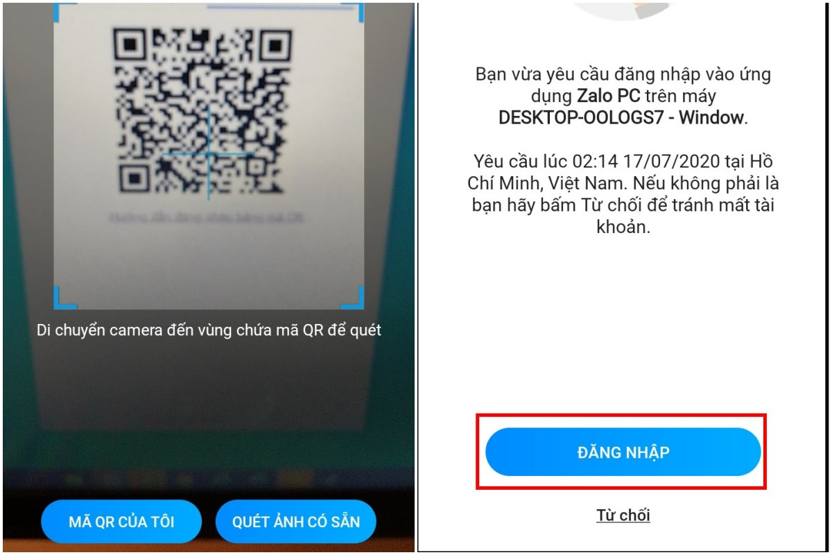 Mã QR trên Zalo điện thoại, nhấn đăng nhập để hoàn tất