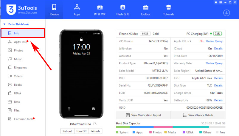 Xem mọi thông tin của iPhone thông qua 3utools trên máy tính