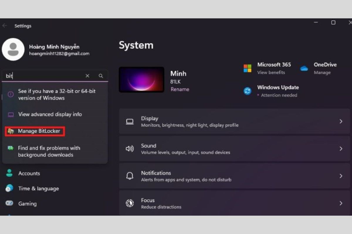 Nhấn tìm từ khóa Bit và chọn mục Manage Bitlocker