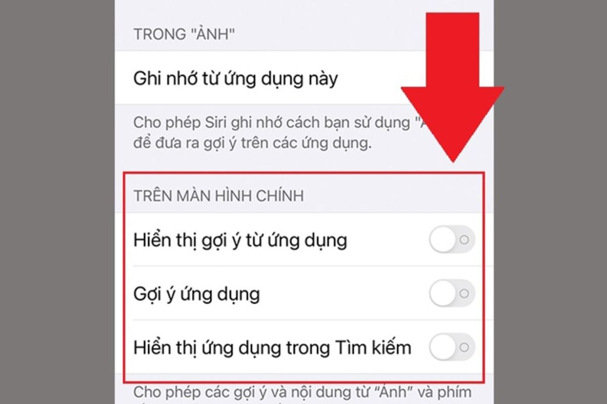 Tắt các mục nhỏ ở tab Trên màn hình chính