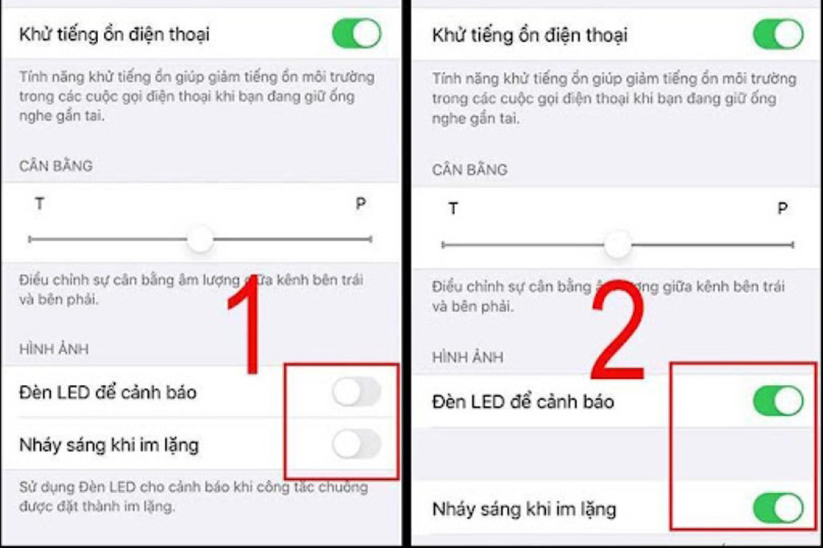 Tại mục Đèn LED để cảnh báo và nháy sáng khi im lặng, hãy gạt nút tròn sang phải