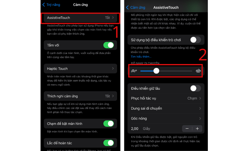 Tại giao diện AssistiveTouch, ở mục Độ nhạy di chuyển, điều chỉnh độ nhạy nút home ảo