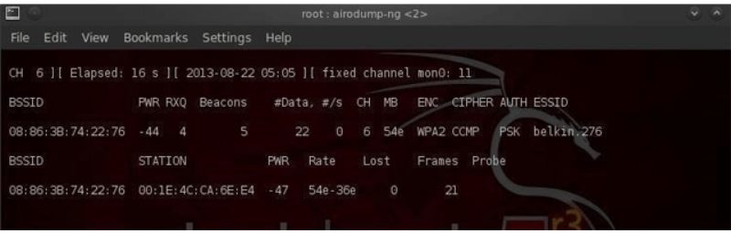 Gõ lệnh “airodump-ng-bssid 08:86:30:74:22:76 –c 6 –write WPAcrack mon0” vào Terminal khác